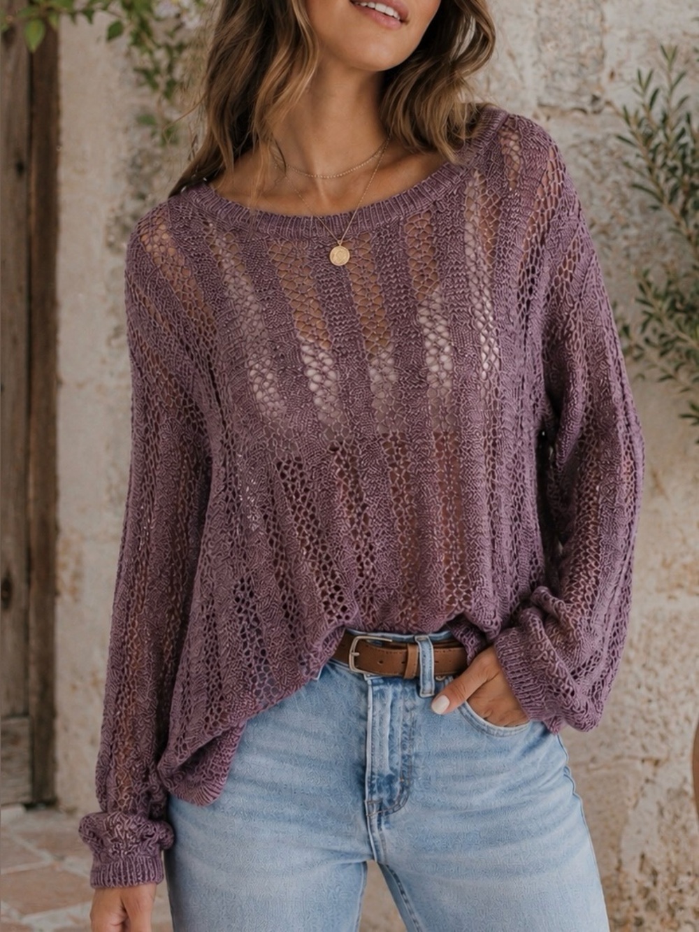 Pink Rose Open Knit Sweater XL Purple Mauve Lightweight Boho Beachy Pullover